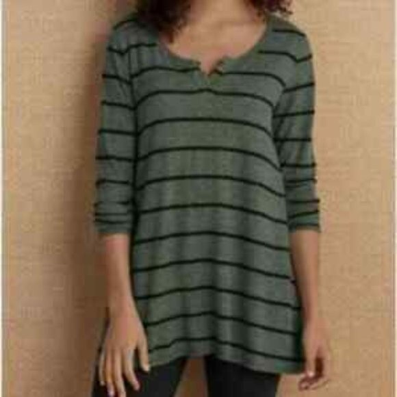 Soft Surroundings Cozy Cafe Tunic Green Black Stripes Long Sleeves Size XS - Picture 1 of 6